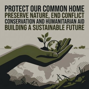 Protect our common home preserve nature, end conflict conservation and humanitarian aid building a sustainable future poster.