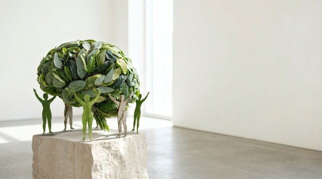 Sculpture of a human brain made of green leaves supported by small figures in a minimalist gallery setting.