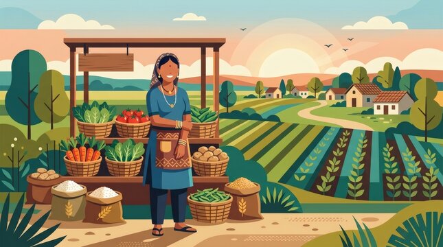 Smiling indian female farmer standing at vegetable stall with baskets of fresh produce and grains in rural landscape with fields and farm buildings view.