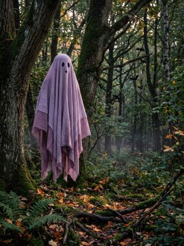 Purple ghost with black eyes and mouth floating among ancient trees in a dark, mysterious forest during autumn.