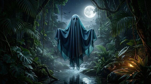 Spooky blue ghost floating over calm water in a mystical jungle at night under a bright full moon.