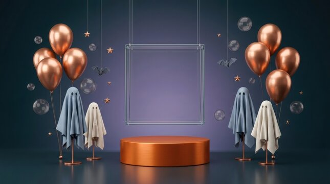 Sophisticated halloween product stage with copper metallic balloons and draped ghost figures around a central podium on a dark blue background base.