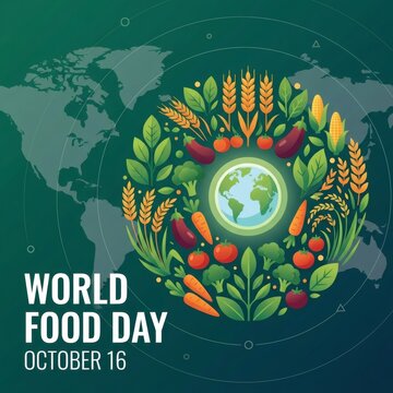 World Food Day October 16 global illustration food security healthy eating sustainable agriculture planet earth surrounded by diverse fresh fruits vegetables grains.
