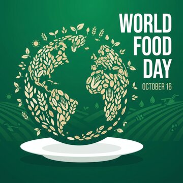 World food day poster design with earth globe composed of various healthy cereal grains and harvest crops resting on white plate over green background.