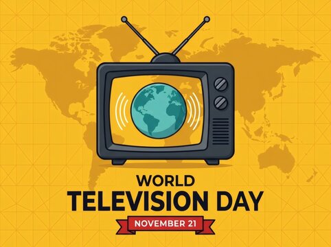 World television day greeting card with vintage style television set displaying globe icon over flat yellow geometric background for global media event.