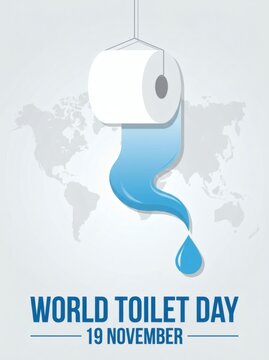 World toilet day awareness poster on light background showing toilet paper roll transforming into water droplet over subtle world map illustration.