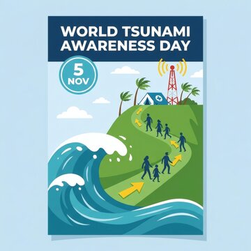 World tsunami awareness day poster depicting group of people fleeing along path towards safe hilltop shelter with warning siren during flood event.