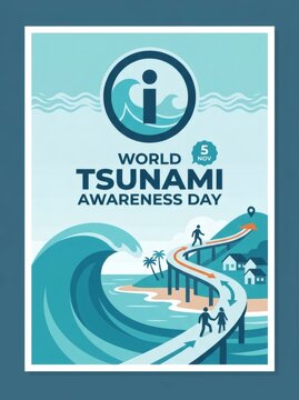 World tsunami awareness day poster featuring information icon and people evacuating coastal village towards higher ground using elevated bridge path.