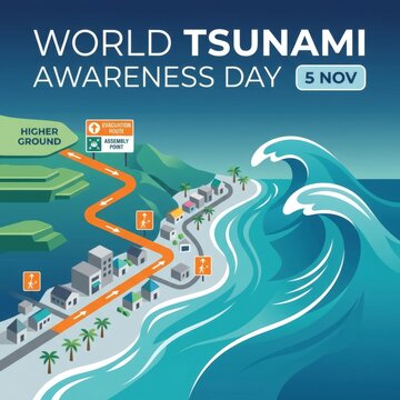 World tsunami awareness day poster showing seaside town with evacuation route and assembly point signs leading to higher ground during ocean hazard.