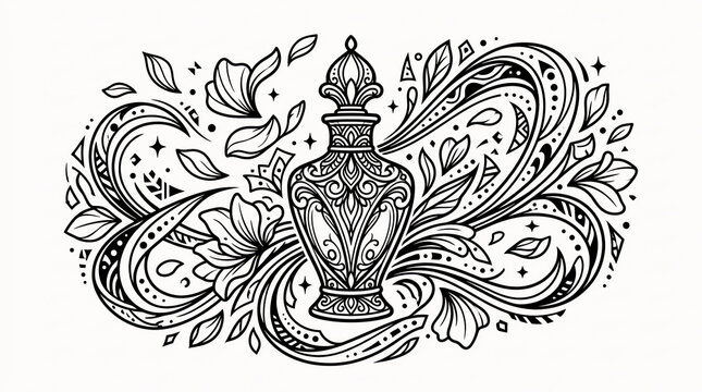 Bottle perfume fragrance scent in glass floral ornament of decorative illustration line art mandala vintage