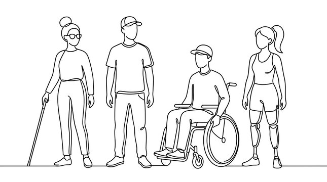 Inclusive line art drawing of people with physical impairments standing together disability inclusive diversity wheelchair