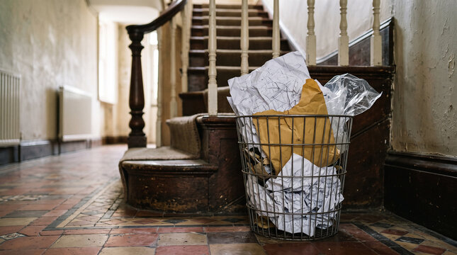 Waste Basket Filled with Crumpled Paper by Hallway Stairs