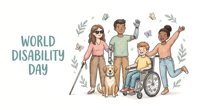 Watercolor illustration of a diverse group of people for world disability day with disability inclusion diversity inclusive
