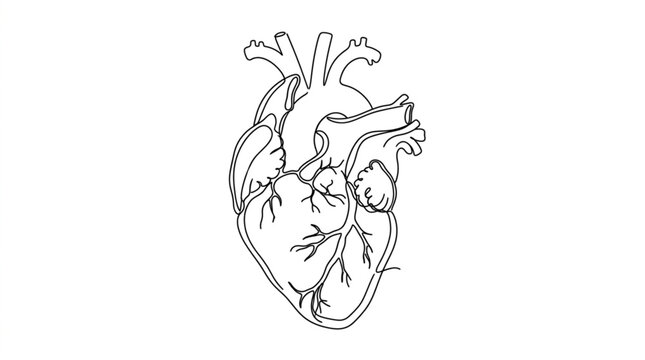 Human heart line art illustration showing anatomical cardiovascular system on white background
