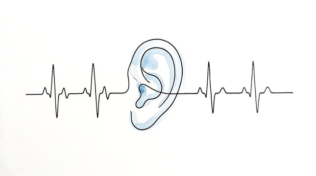 Human ear illustration combined with an ekg heart rate line on white background heartbeat auditory frequency illustration