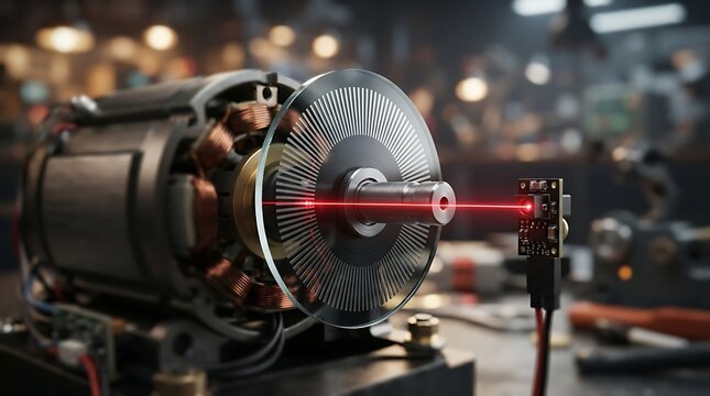 Electric motor with optical encoder disk and laser sensor for precise rotational speed measurement in a laboratory or engineering workshop environment