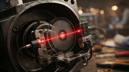 Fototapeta premium Laser beam passing through a circular glass element with interference patterns in a laboratory setting for optical research and precision engineering
