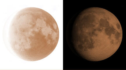Full moon lunar eclipse illustration, sepia tone celestial sphere on white and black backgrounds, detailed lunar surface craters and lunar geography © M Golam