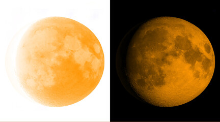 Orange moon illustration set, glowing full moon on white and black backgrounds, celestial lunar surface with craters and textures © M Golam