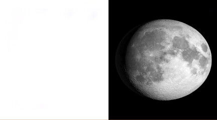 Realistic full moon illustration on black background, detailed lunar surface with craters and texture, celestial night sky astronomical element © M Golam