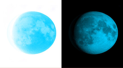 Cyan blue moon illustration set, glowing lunar sphere on black and white backgrounds, celestial planet surface with craters and texture © M Golam