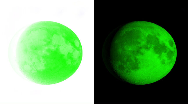 Glowing green moon illustration set, neon lunar sphere on black and white backgrounds, vibrant celestial planet icons for sci-fi and space design