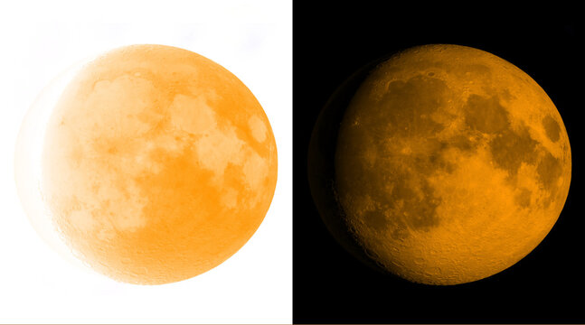Orange moon illustration set, glowing full moon on white and black backgrounds, celestial lunar surface with craters and textures