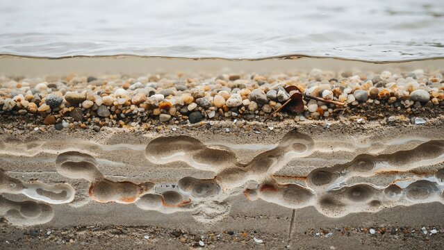 Cross section of a sandy riverbank with pebbles and water surface