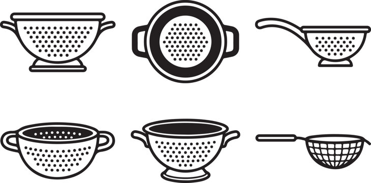 Flat vector icon set of kitchen colanders and strainers for food preparation and cooking illustrations
