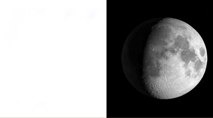 Realistic moon illustration on black background, detailed lunar surface with craters, waxing gibbous moon phase for astronomy and space design © M Golam