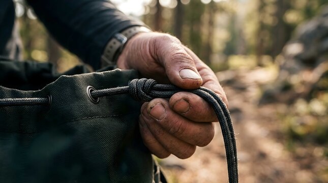 Close up of traveler hands pulling dark nylon drawstring to close green backpack