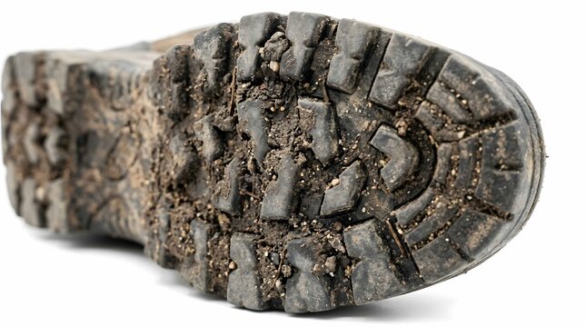 Close up view of a dirty boot sole covered in mud and dirt on a white background