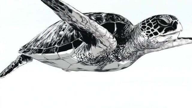 Sea turtle swimming underwater with detailed texture and white background