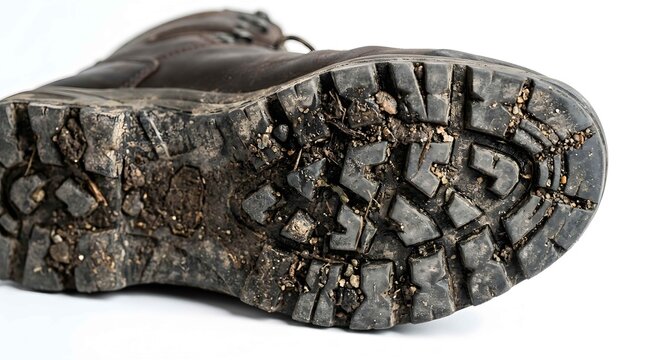 Close up view of worn out dirty boot sole with mud and gravel isolated on white background