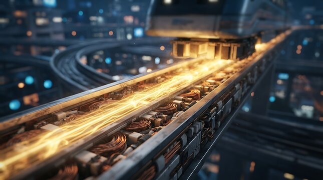 Futuristic maglev train traveling on electrified track in modern smart city at night with glowing energy currents and advanced high speed rail transportation