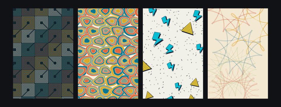 Set of four diverse geometric and retro abstract patterns featuring linear and organic shapes