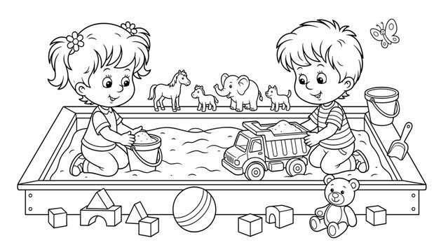 Vector coloring page of cute children playing in a wooden sandbox . Toy dumper truck, plastic buckets, small animal figures, playground childhood recreation outlines .