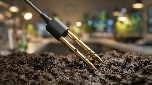 A close up view of a digital soil moisture sensor probe inserted into dark damp earth for agricultural monitoring and sustainable gardening practices