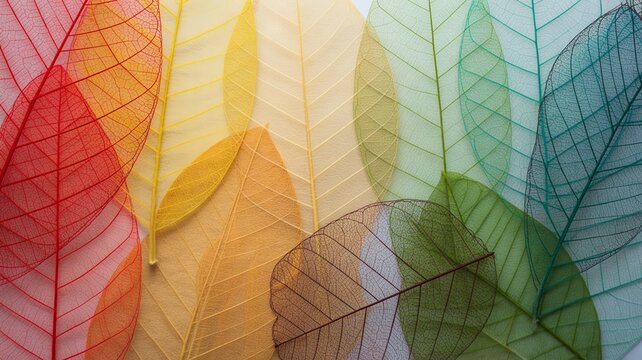 Macro photograph of translucent skeleton leaves with a natural color gradient