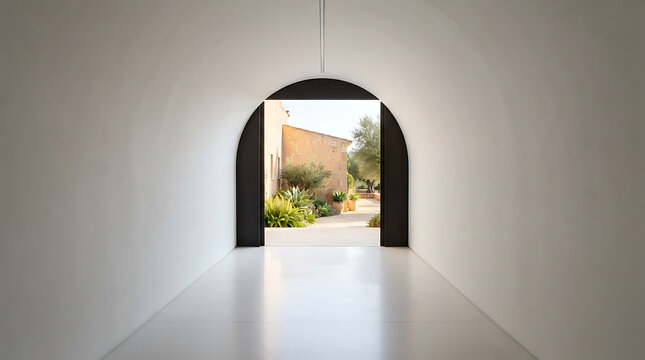 Modern arched passageway leading to outdoor garden courtyard with stone walls with indoor corridor