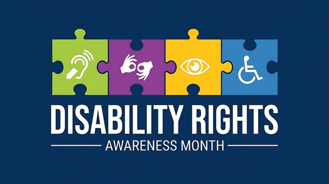 Disability rights awareness month puzzle pieces graphic with accessibility icons disability awareness accessibility inclusion