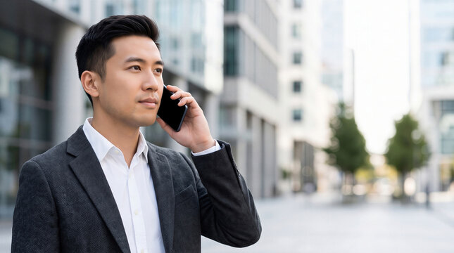 Young handsome Asian businessman talking on a smartphone outdoors in a modern city district