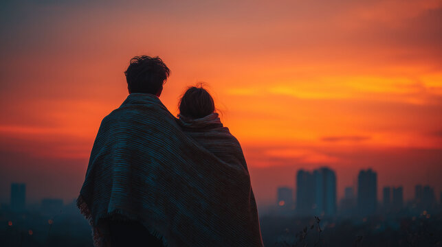 Silhouette of Couple Wrapped in Blanket Overlooking Sunset City