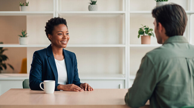 Smiling African American businesswoman interviewing a male candidate across a desk in a modern office
