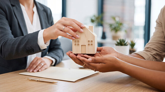 Real estate agent handing a wooden house model to clients over an office desk with paperwork