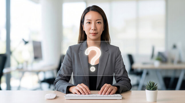 Asian businesswoman sitting at an office desk with a glowing digital question mark hologram