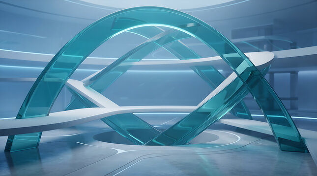 Futuristic transparent structure with intersecting curved elements in modern indoor setting