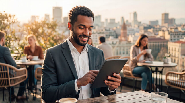 Smiling African American businessman using a digital tablet at an outdoor rooftop cafe with a city skyline