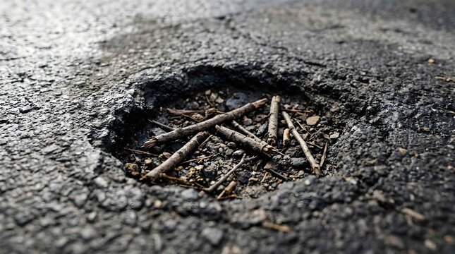 Deep pothole on damaged asphalt road surface filled with small twigs and stones