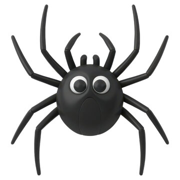 A stylized black spider with large round eyes and eight segmented legs, designed in a cartoonish and playful manner.